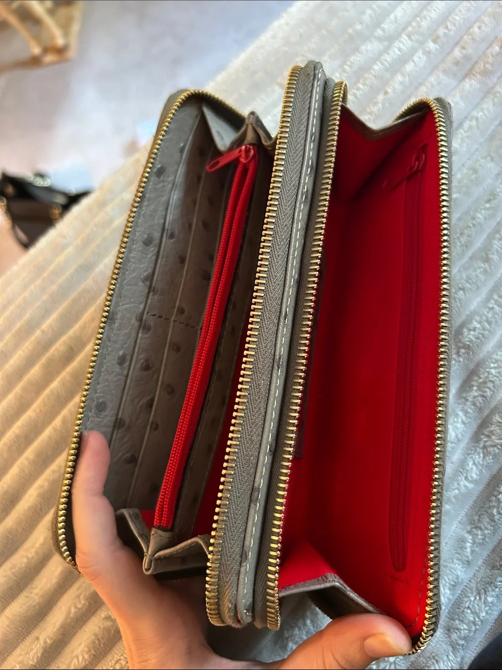 Dooney & Bourke Taupe Ostrich-Embossed Zip Phone Wallet with Wrist Strap